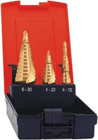 Jeu de forets perce-tôle étagés, goujure hélicoïdale, TiN